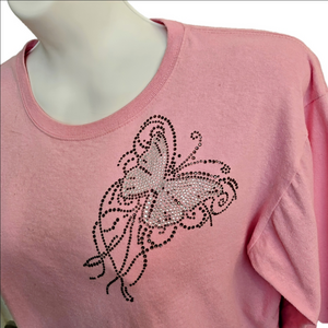 Pink Butterfly Embellished Long Sleeve T-shirt/ Blouse